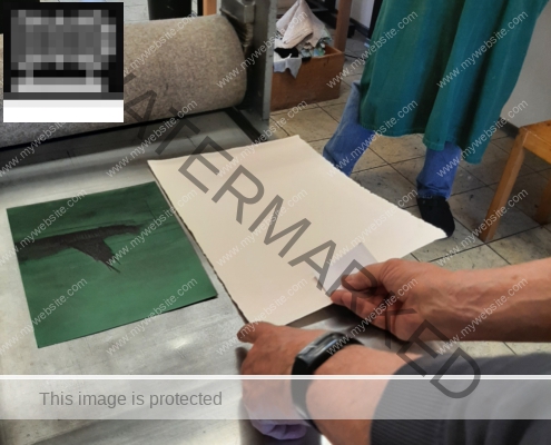 Büttenpapier auf die Platte in die  Druckerpresse legen